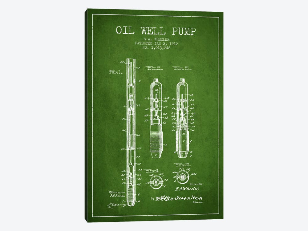 Oil Well Pump Green Patent Blueprint by Aged Pixel 1-piece Canvas Art Print