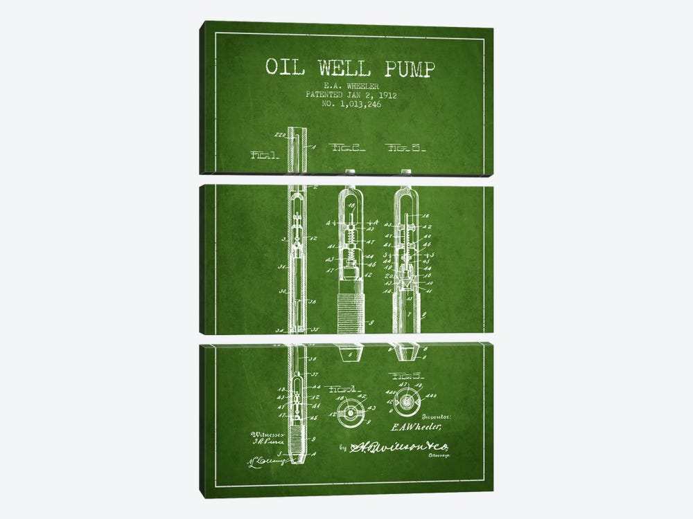 Oil Well Pump Green Patent Blueprint by Aged Pixel 3-piece Canvas Print