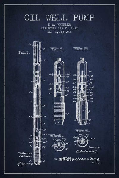 Oil Well Pump Navy Blue Patent Blueprint by Aged Pixel metal wall art