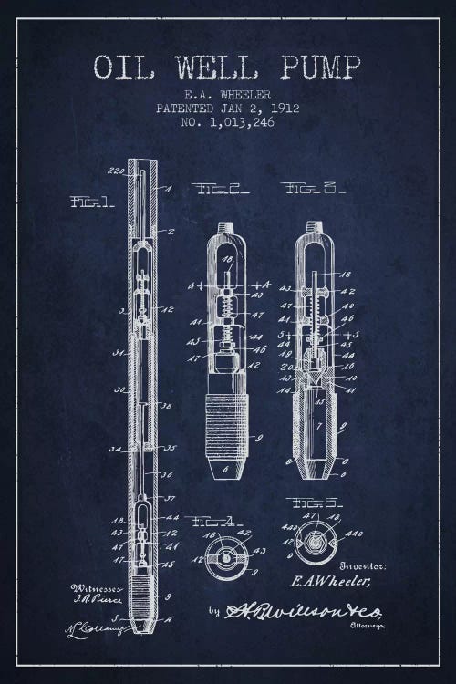 Oil Well Pump Navy Blue Patent Blueprint by Aged Pixel wall art