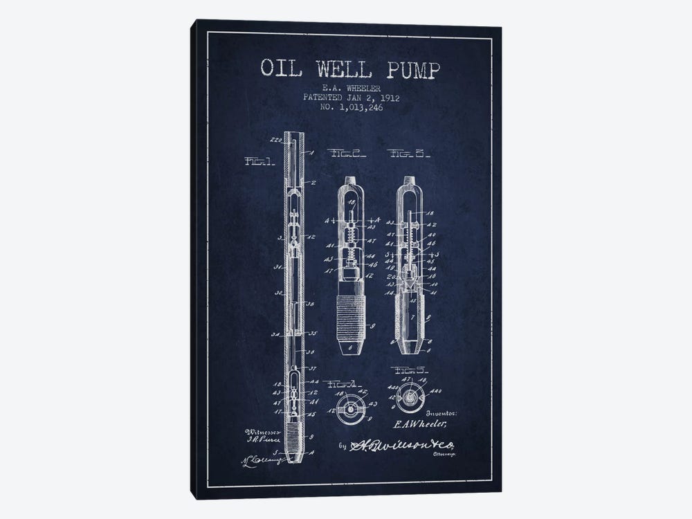 Oil Well Pump Navy Blue Patent Blueprint by Aged Pixel 1-piece Canvas Artwork
