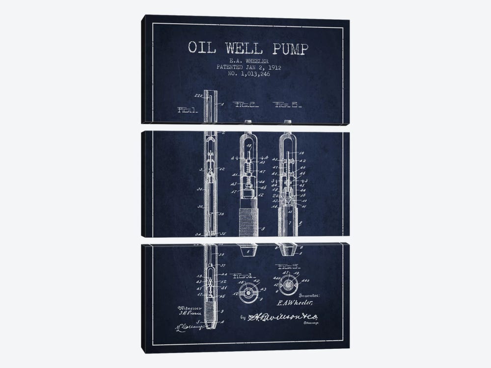 Oil Well Pump Navy Blue Patent Blueprint by Aged Pixel 3-piece Canvas Artwork