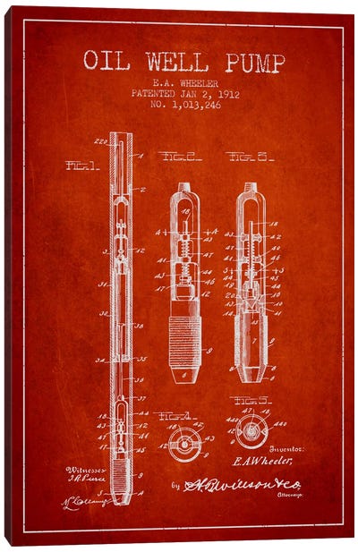 Oil Well Pump Red Patent Blueprint Canvas Art Print - Engineering & Machinery Blueprints