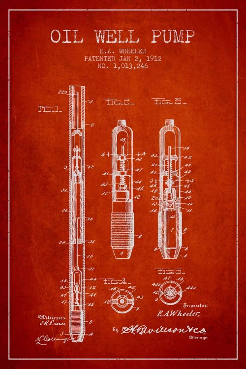 Oil Well Pump Red Patent Blueprint