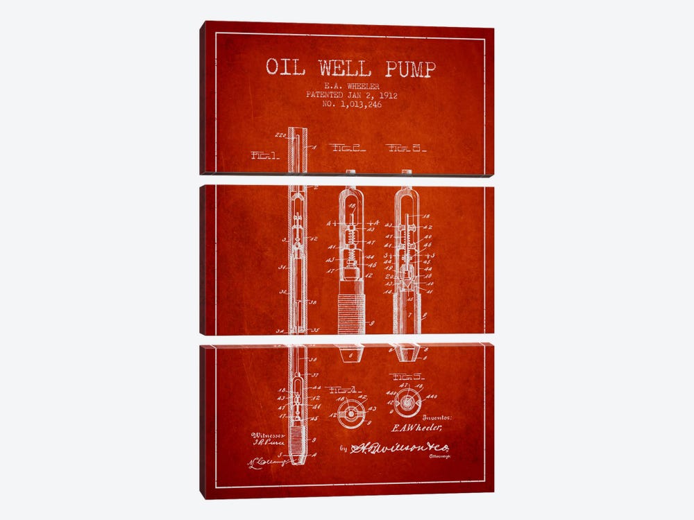 Oil Well Pump Red Patent Blueprint by Aged Pixel 3-piece Canvas Art Print