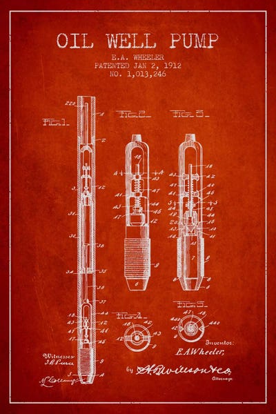Engineering & Machinery Blueprints: Oil Well Pump Red Patent Blueprint by Aged Pixel