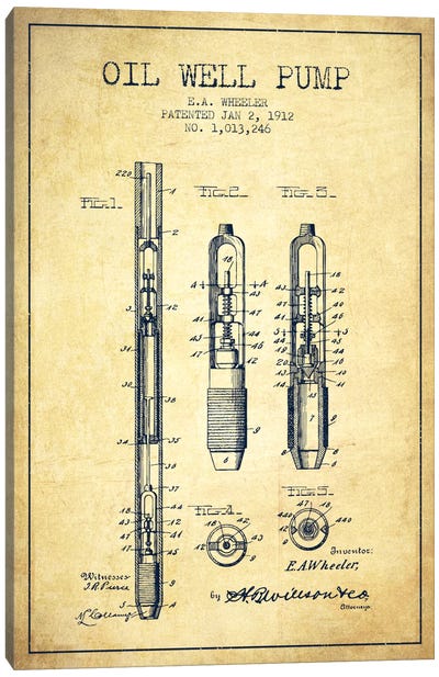 Oil Well Pump Vintage Patent Blueprint Canvas Art Print - Engineering & Machinery Blueprints
