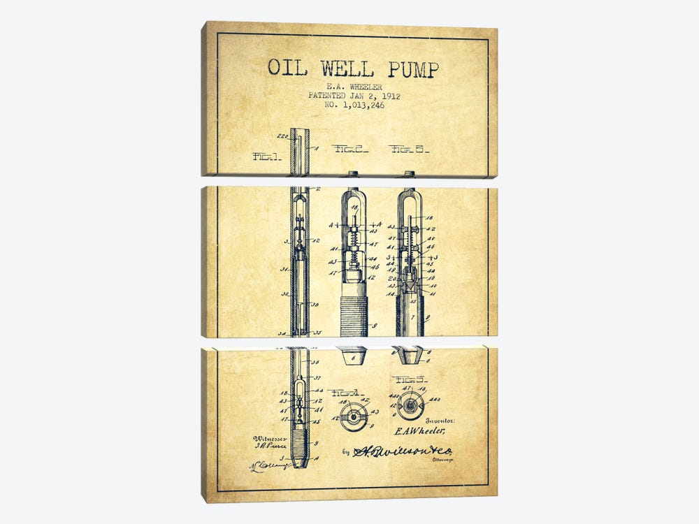 Oil Well Pump Vintage Patent Blueprint by Aged Pixel 3-piece Canvas Artwork