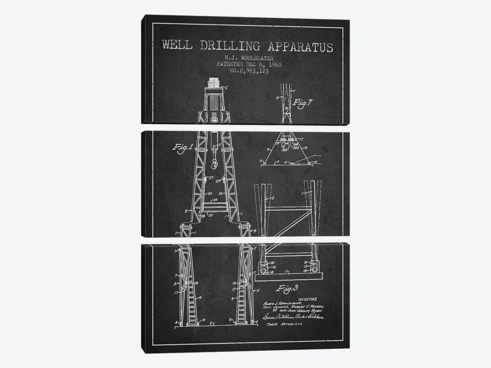Drilling Apparatus Dark Patent Blueprint by Aged Pixel 3-piece Art Print