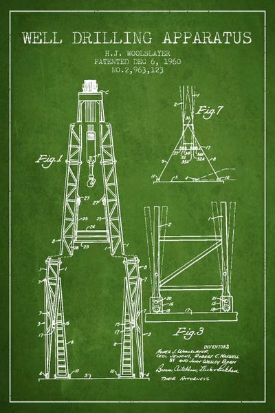 Drilling Apparatus Green Patent Blueprint by Aged Pixel metal wall art