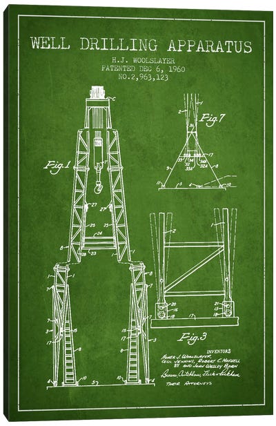 Drilling Apparatus Green Patent Blueprint Canvas Art Print - Engineering & Machinery Blueprints