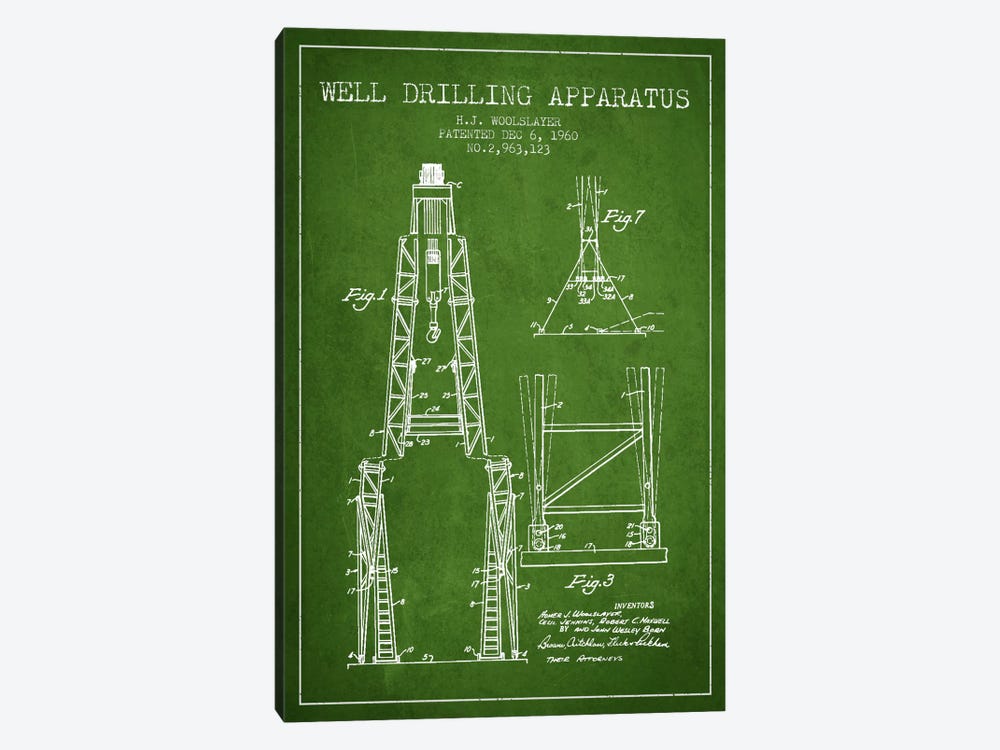 Drilling Apparatus Green Patent Blueprint by Aged Pixel 1-piece Canvas Wall Art