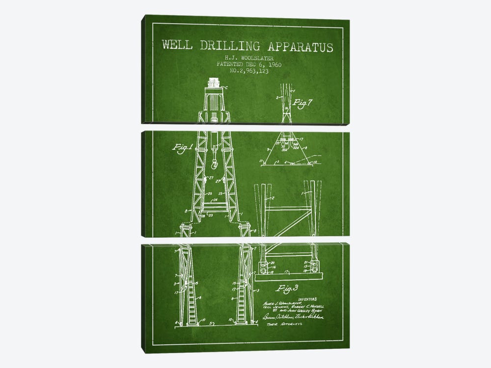 Drilling Apparatus Green Patent Blueprint by Aged Pixel 3-piece Canvas Wall Art