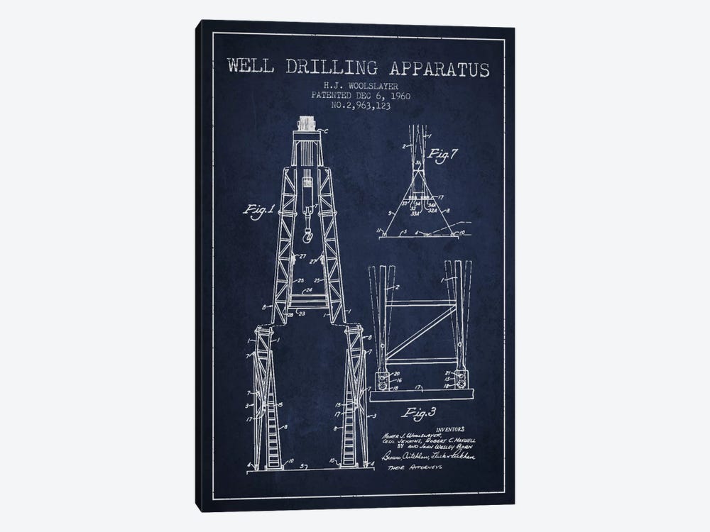 Drilling Apparatus Navy Blue Patent Blueprint by Aged Pixel 1-piece Canvas Art Print