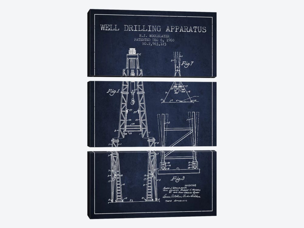 Drilling Apparatus Navy Blue Patent Blueprint by Aged Pixel 3-piece Canvas Print