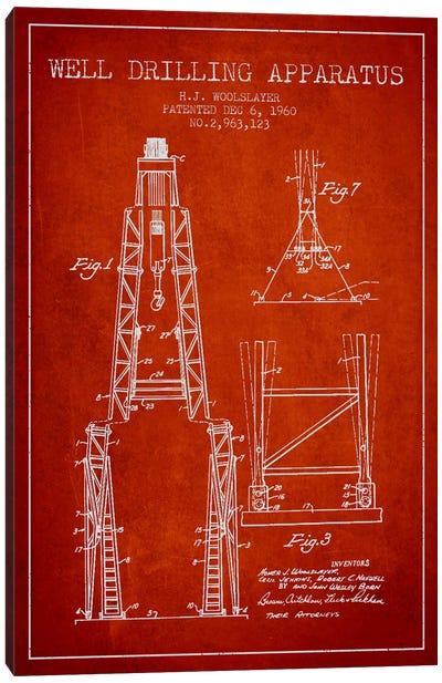 Drilling Apparatus Red Patent Blueprint Canvas Art Print - Engineering & Machinery Blueprints