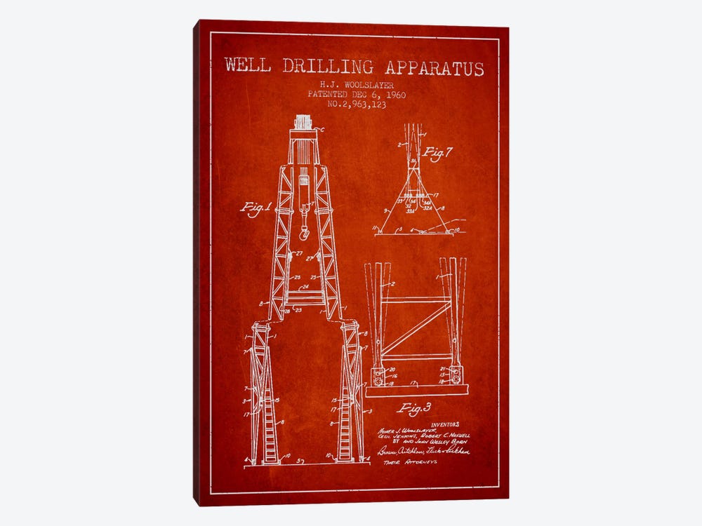 Drilling Apparatus Red Patent Blueprint by Aged Pixel 1-piece Canvas Art