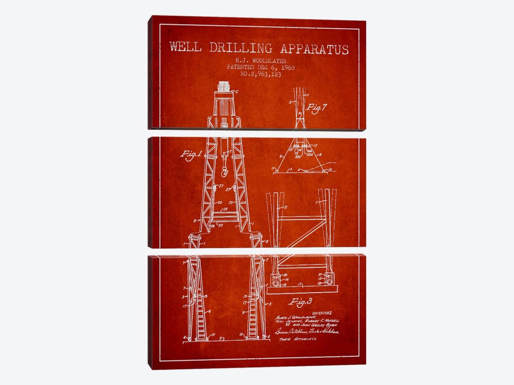 Drilling Apparatus Red Patent Blueprint by Aged Pixel 3-piece Canvas Wall Art
