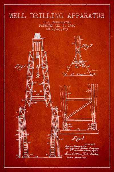 Engineering & Machinery Blueprints: Drilling Apparatus Red Patent Blueprint by Aged Pixel