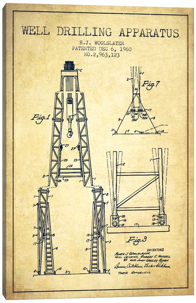 Drilling Apparatus Vintage Patent Blueprint Canvas Art Print - Engineering & Machinery Blueprints