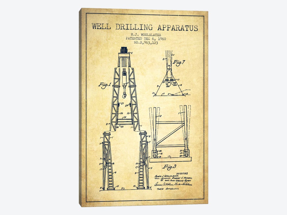 Drilling Apparatus Vintage Patent Blueprint by Aged Pixel 1-piece Canvas Print