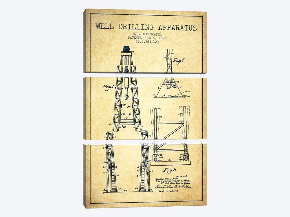 Drilling Apparatus Vintage Patent Blueprint by Aged Pixel 3-piece Art Print