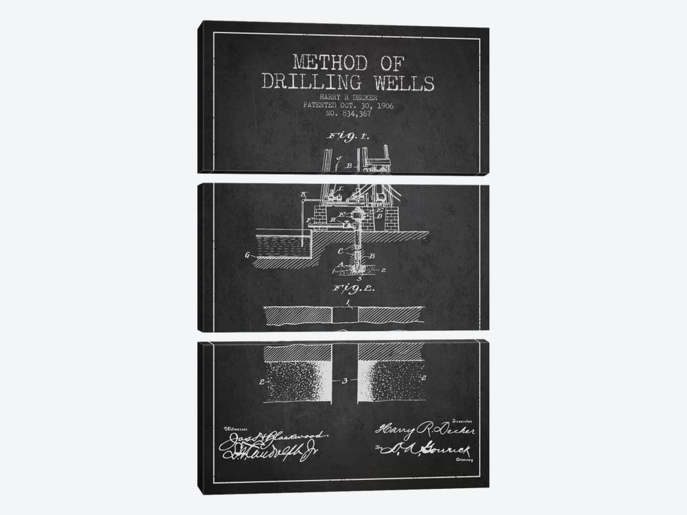 Method Drilling Wells Charcoal Patent Blueprint by Aged Pixel 3-piece Canvas Wall Art
