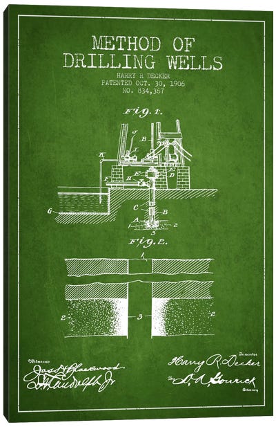 Method Drilling Wells Green Patent Blueprint Canvas Art Print - Engineering & Machinery Blueprints