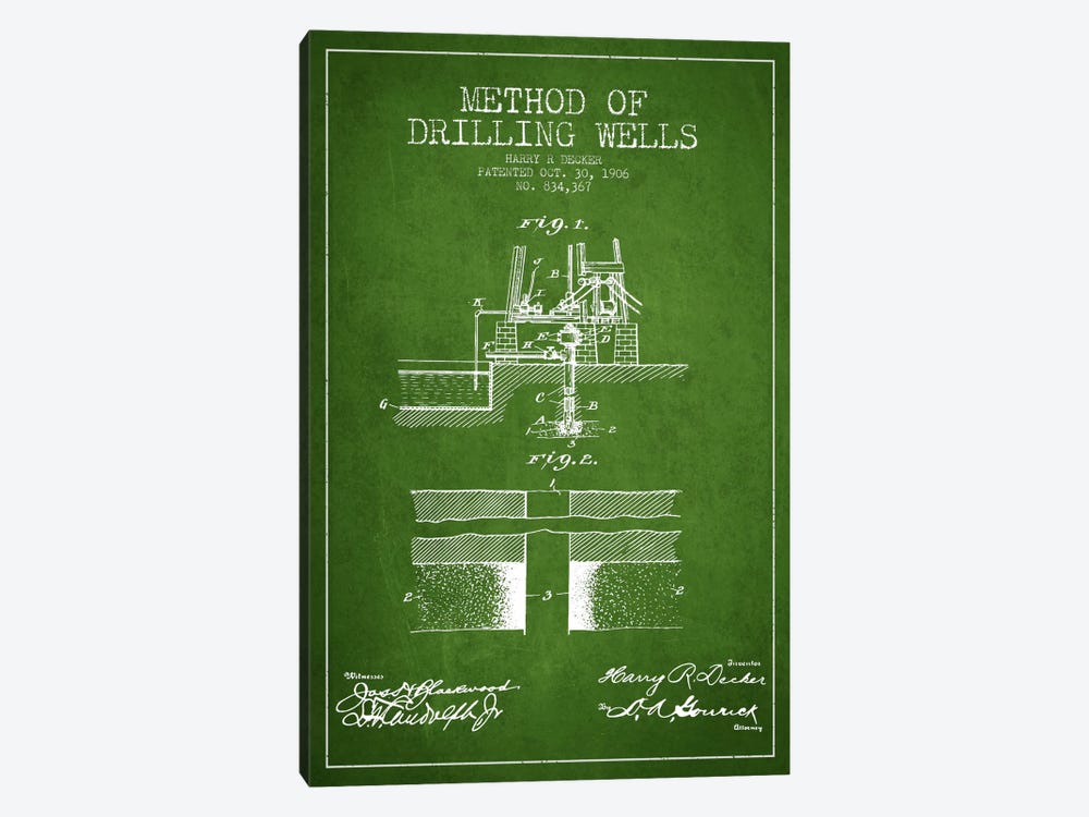 Method Drilling Wells Green Patent Blueprint by Aged Pixel 1-piece Canvas Art