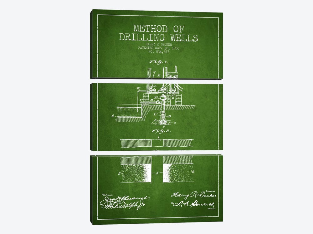 Method Drilling Wells Green Patent Blueprint by Aged Pixel 3-piece Canvas Wall Art