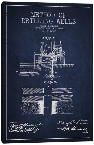 Method Drilling Wells Navy Blue Patent Blueprint Canvas Art Print - Engineering & Machinery Blueprints