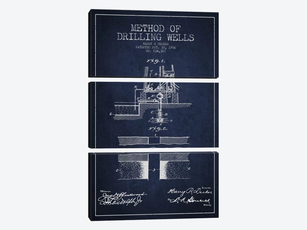 Method Drilling Wells Navy Blue Patent Blueprint by Aged Pixel 3-piece Canvas Print