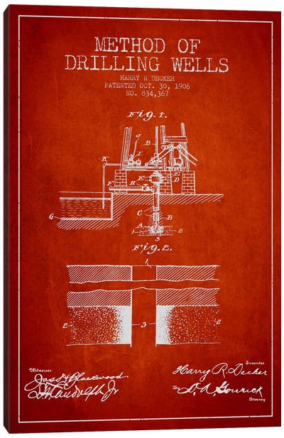 Method Drilling Wells Red Patent Blueprint Canvas Art Print - Aged Pixel: Engineering & Machinery