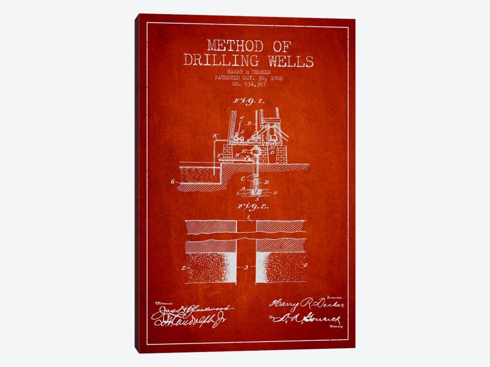 Method Drilling Wells Red Patent Blueprint by Aged Pixel 1-piece Canvas Art