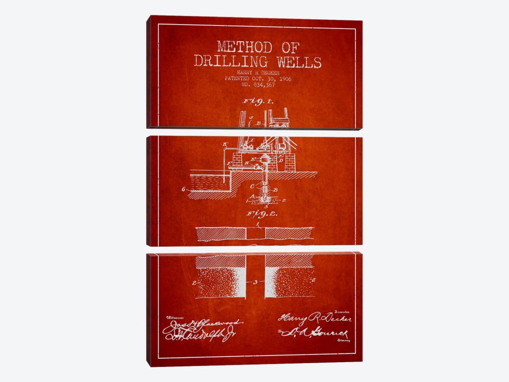 Method Drilling Wells Red Patent Blueprint by Aged Pixel 3-piece Canvas Art