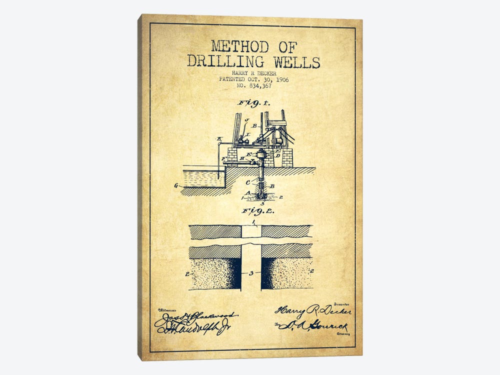 Method Drilling Wells Vintage Patent Blueprint by Aged Pixel 1-piece Canvas Art Print
