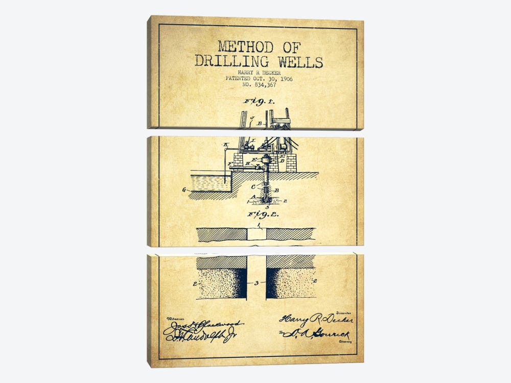 Method Drilling Wells Vintage Patent Blueprint by Aged Pixel 3-piece Art Print
