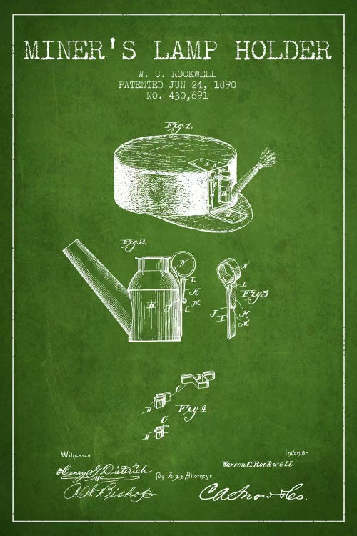 Miners Lamp 2 Green Patent Blueprint by Aged Pixel wall art