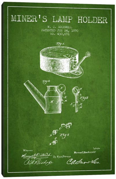Miners Lamp 2 Green Patent Blueprint Canvas Art Print - Aged Pixel: Electronics & Communication