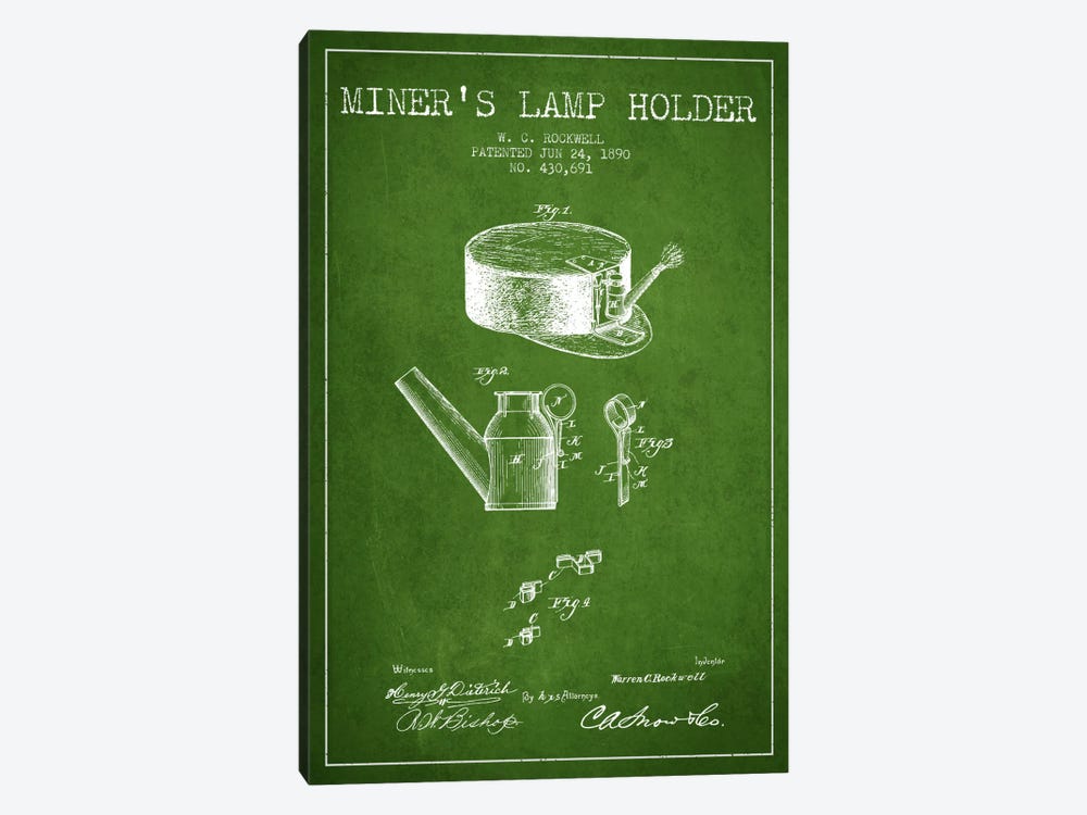 Miners Lamp 2 Green Patent Blueprint by Aged Pixel 1-piece Art Print
