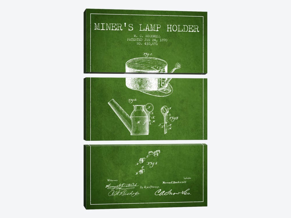 Miners Lamp 2 Green Patent Blueprint by Aged Pixel 3-piece Art Print