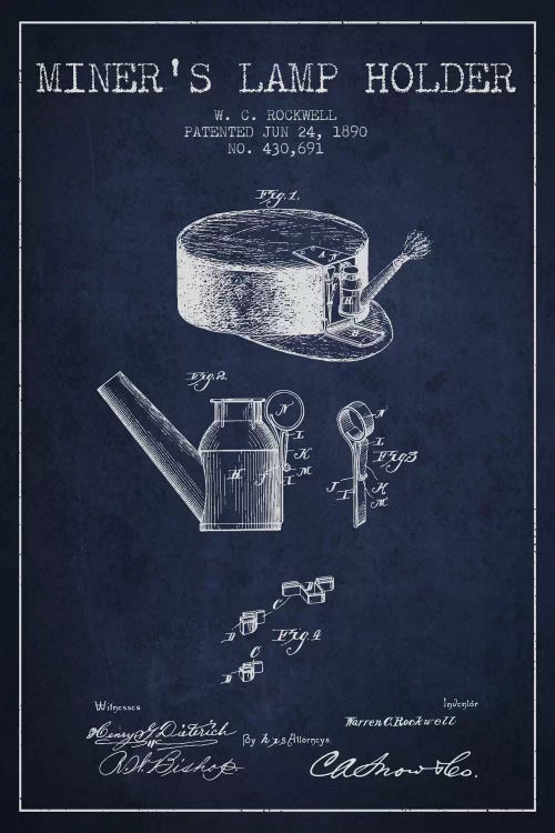 Miners Lamp 2 Navy Blue Patent Blueprint by Aged Pixel wall art