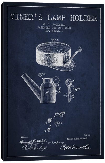 Miners Lamp 2 Navy Blue Patent Blueprint Canvas Art Print - Aged Pixel: Electronics & Communication