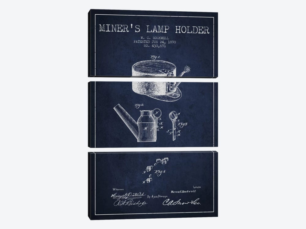 Miners Lamp 2 Navy Blue Patent Blueprint by Aged Pixel 3-piece Canvas Artwork