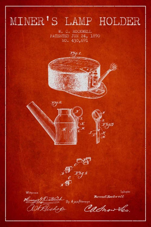 Miners Lamp 2 Red Patent Blueprint by Aged Pixel wall art