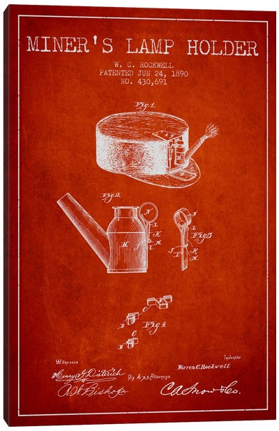 Miners Lamp 2 Red Patent Blueprint Canvas Art Print - Electronics & Communication Blueprints