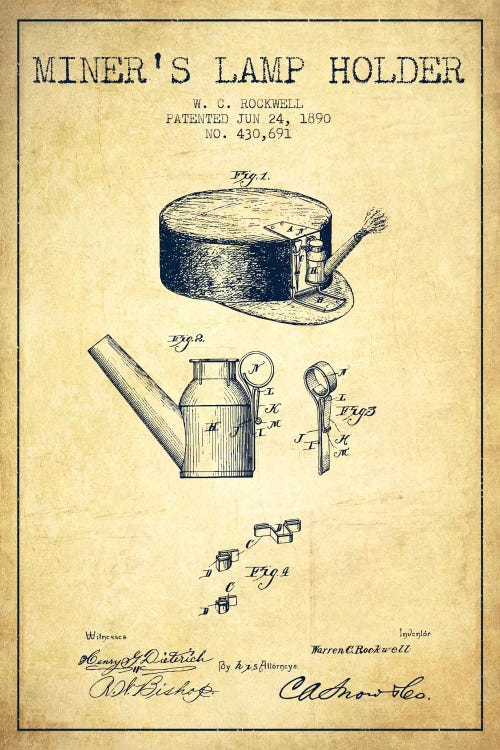 Miners Lamp 2 Vintage Patent Blueprint by Aged Pixel wall art