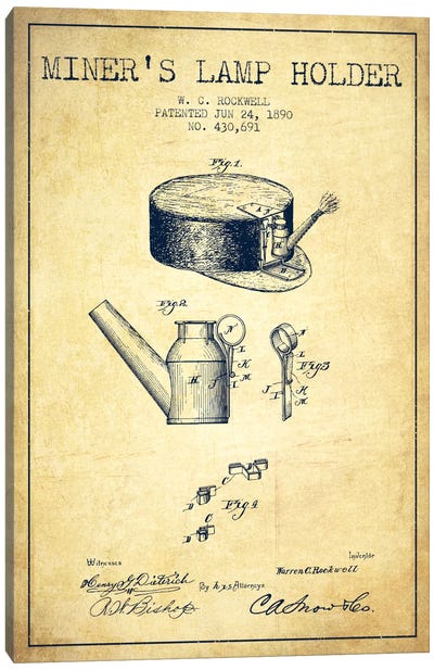 Miners Lamp 2 Vintage Patent Blueprint Canvas Art Print - Electronics & Communication Blueprints