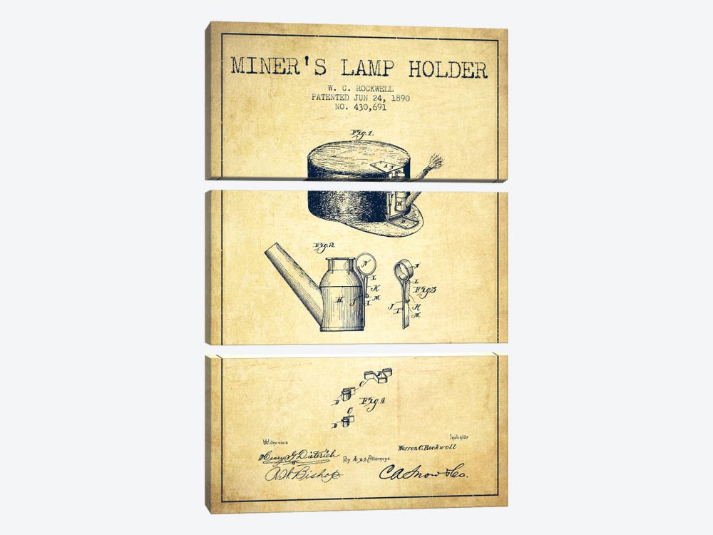 Miners Lamp 2 Vintage Patent Blueprint by Aged Pixel 3-piece Canvas Art