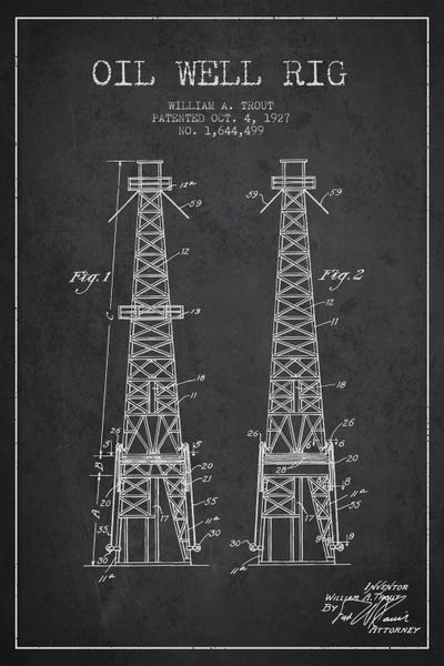 Oil Well Derrick Charcoal Patent Blueprint by Aged Pixel metal wall art